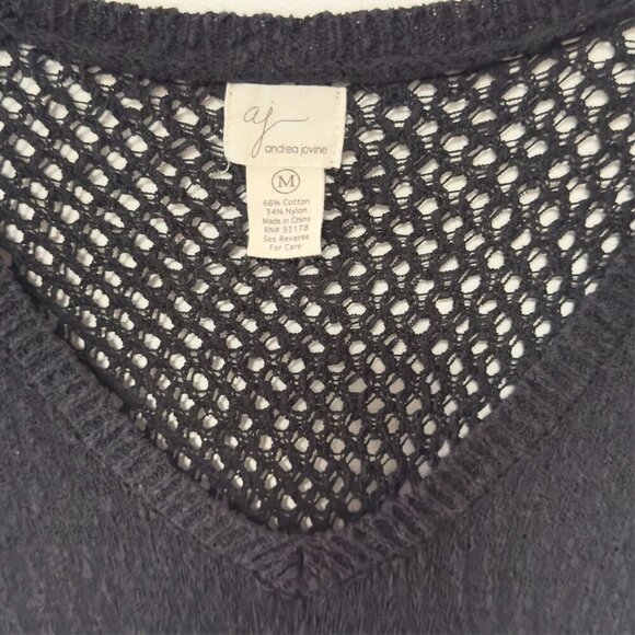 AJ Andrea Jovine Black Open Knit Sweater Top V-Neck Tunic - Picture 3 of 8